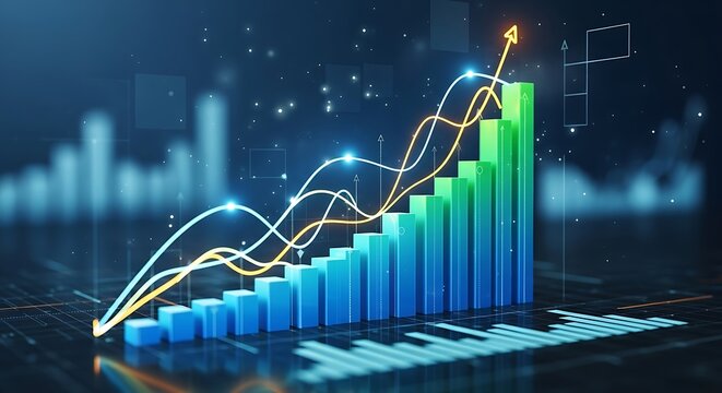 Digital financial graph showing upward trend and growth with glowing lines