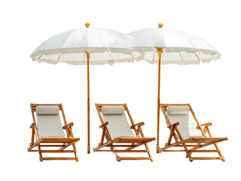 Three lounge chairs under white sun umbrellas