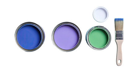 Three paint cans and brush with blue tip, seen from above