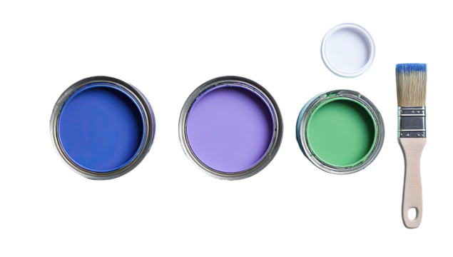 Three paint cans and brush with blue tip, seen from above