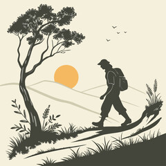 Hiker silhouette vector illustration, person with backpack trekking in nature at sunset