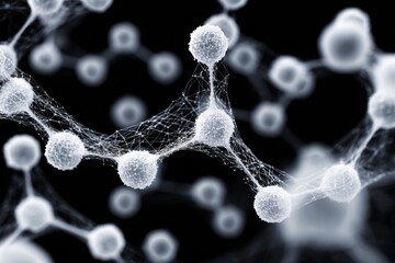 Intricate white molecular structure illuminated against a black background showcasing complex connections and scientific beauty at a microscopic level