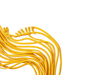 Yellow ethernet cables tangled on dark background