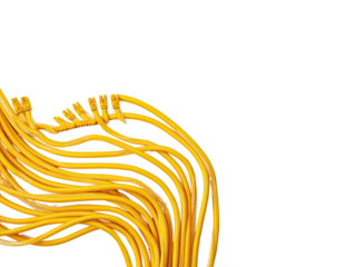 Yellow ethernet cables tangled on dark background