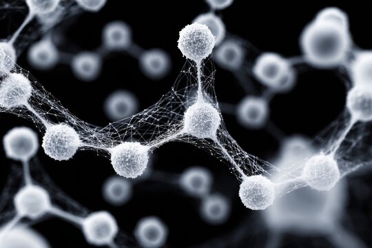 Intricate white molecular structure illuminated against a black background showcasing complex connections and scientific beauty at a microscopic level