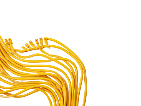 Yellow ethernet cables tangled on dark background - Powered by Adobe
