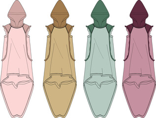 Exploring a unique fashion concept through an illustrative flat sketch of a hooded sleeveless tunic, highlighting design versatility across several color palettes
