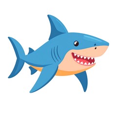 Obraz premium A cartoon depiction of a smiling shark. It features a blue body, white teeth, and a happy expression. The background is white