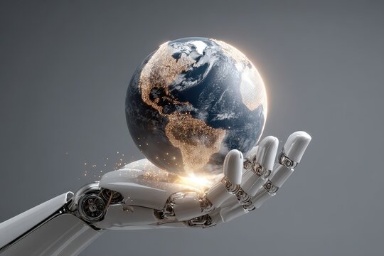 Futuristic robotic hand gripping a glowing globe representing artificial intelligence and technology in a smooth, modern environment - Powered by Adobe