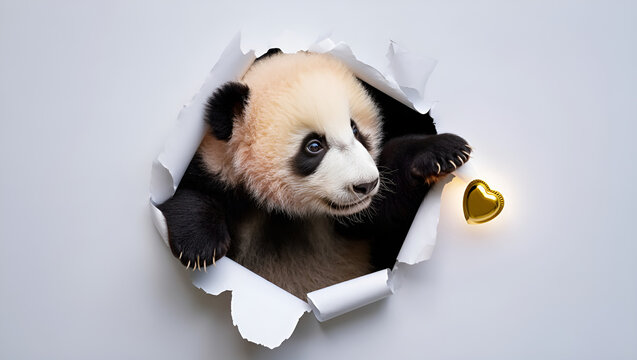 panda bear watching through the paper hole with the heart, Generative AI