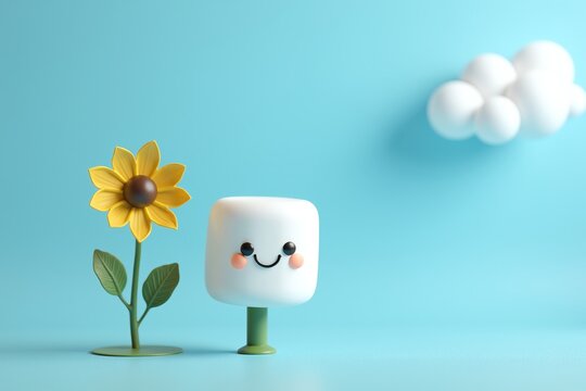 Cute marshmallow friend smiles beside sunny yellow flower, soft clouds float in pastel blue sky. Minimalist charm.