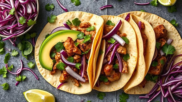 carnitas. Delicious Mexican street tacos with fresh toppings, arranged in an inviting flat lay. menu design, packaging mockups, designed for culinary blogs and recipe cards for restaurants.