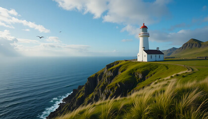 Old White Lighthouse on Mykines Island Overlooking the North Atlantic Ocean.