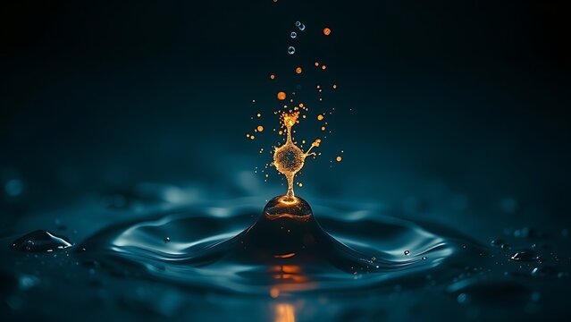 submicroscopic. A single, complex, glowing molecule emerges from a dark, primordial aqueous solution, symbolizing the spark of life. STEM education sheets.