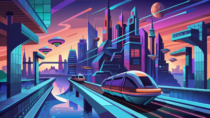 Time Warp: Futuristic city blended with vintage sci‑fi flair in clean vector