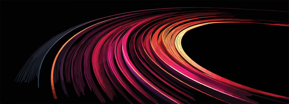 Curvas abstratas de luz em movimento, com tons vibrantes de vermelho e laranja, criando um fundo din&acirc;mico e tecnol&oacute;gico.