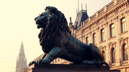 Lion statue in munich, germany, with a building and tower in the background