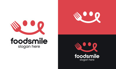 Smile food logo design. spoon fork vector design with smile graphic icon symbol. Delicious, tasty eating emoji face eat with mouth and tongue gourmet enjoying taste graphic logo design.