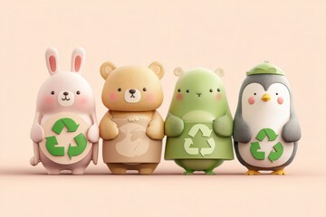 Naklejka premium digital painting of cute animal characters holding recycling signs, pastel background, educational environment art 