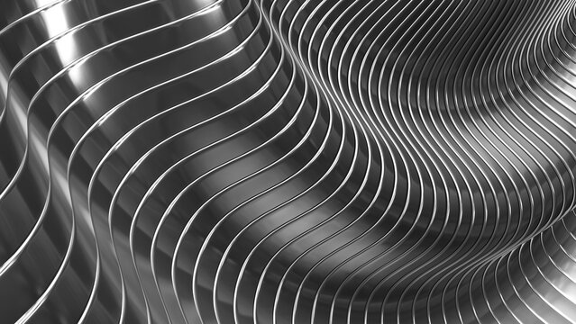Silver metal striped pattern background, wavy shiny chrome metallic stripes pattern.