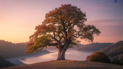 Majestic oak tree stands tall against a serene sunset backdrop over the lake