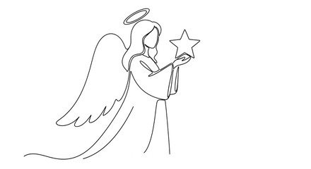 Obraz premium Elegant line drawing of a Christmas angel holding a star, bringing peace and joy this holiday season, perfect for cards and festive designs
