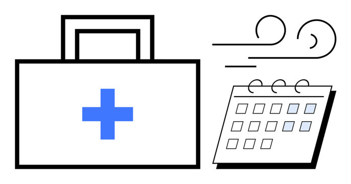 Blue cross on a first aid kit beside a calendar with blowing lines. Ideal for healthcare, planning, preparedness, emergencies, health care schedules, time management, simple flat metaphor