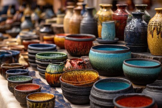 Discover unique handmade pottery at the local artisan craft market with vibrant colors and diverse designs