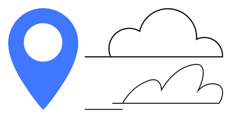 Blue location pin paired with two outlined clouds conveys navigation, digital storage, connectivity, weather. Ideal for location services, data technology, travel, mapping, cloud storage