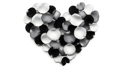 Elegant Monochrome Heart Shape Composed of Delicate Rose Petals on White Background