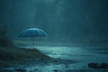 Open umbrella provides shelter from heavy rain by the river during a stormy evening in a serene natural setting