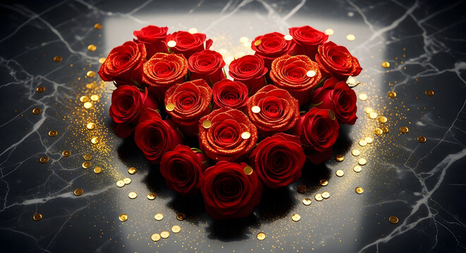 Elegant heart-shaped rose arrangement with golden confetti on a marble surface