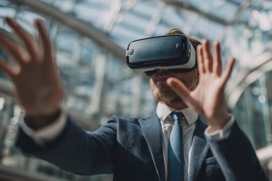 Businessman engages with virtual reality technology in modern office setting during daytime