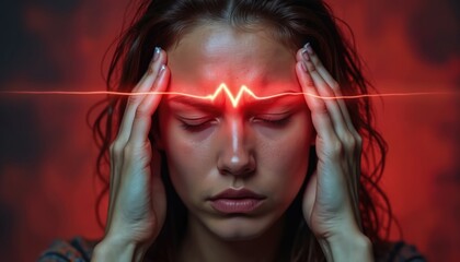 Fototapeta premium Young woman suffers from headache pressing temples. Female feels strong pain, migraine. Health problem, unwell condition concept. Exhausted girl needs medical care. Tired lady wants medicine relief.