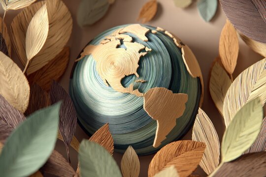 digital painting of earth made of paper layers surrounded by leaves, soft light, minimalist sustainability poster design 