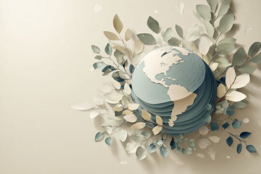 digital painting of earth made of paper layers surrounded by leaves, soft light, minimalist sustainability poster design 