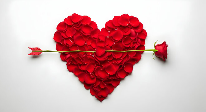 Heart of rose petals pierced by an arrow of a rose on a white background