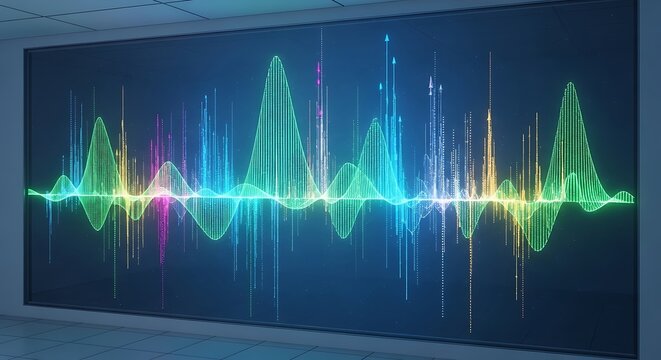 Vibrant digital sound wave visualization glowing with colorful light - Powered by Adobe
