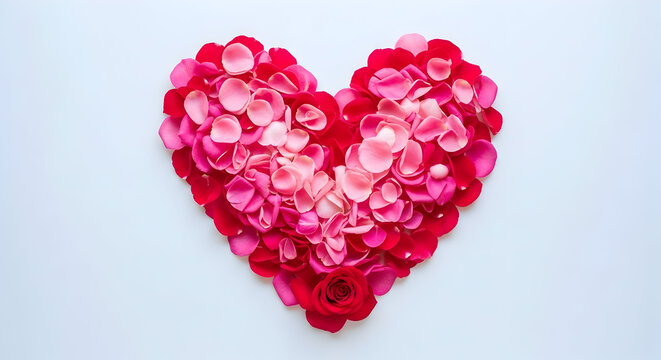 Heart shaped rose petals with vibrant colors on a clean white background