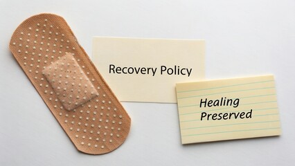 Bandage on a desk beside notes emphasizing recovery policy and healing preserved for medical concepts and documentation ideas