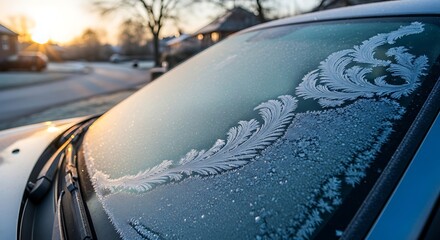 Frozen car windshield with intricate ice patterns in winter morning light