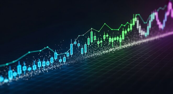 Glowing financial stock market chart with upward trend and colorful lights