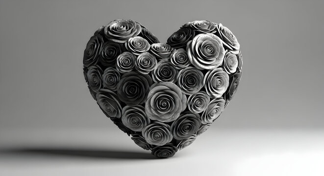 Monochrome heart made of roses, a symbol of love and romance, love concept