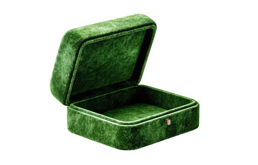 Open, green velvet box, empty, on a black background