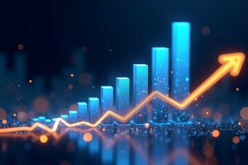 Blue digital bars rise alongside glowing orange arrow, symbolizing growth and success in futuristic data analytics.