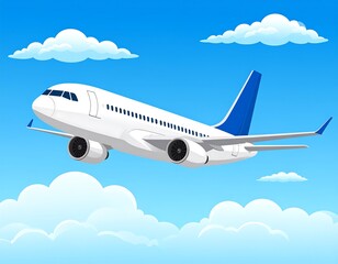 Fototapeta premium A cartoon-style airplane ascends through a vibrant blue sky filled with fluffy white clouds, suggesting a journey in progress