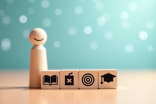 Wooden figure stands beside blocks symbolizing education, learning goals, and graduationbright, hopeful academic journey.