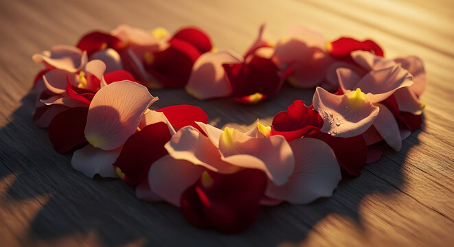 Romantic heart shaped rose petals arrangement on rustic wooden background