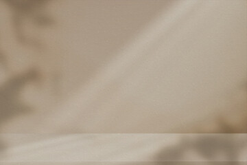 Background Shadow on Wall Studio Room.White Light on Brown Podium Stage for Product,Autumn Brown Backdrop.Fall Season scene banner with sunlight on floor texture,Interior Kitchen with blur gradient