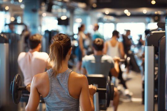 People engaging in various workouts at a modern gym during the day, showcasing dedication and fitness activities in a vibrant atmosphere
